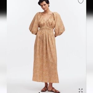 Madewell V Neck Balloon Sleeve Maxi Dress Tan White Size 00
